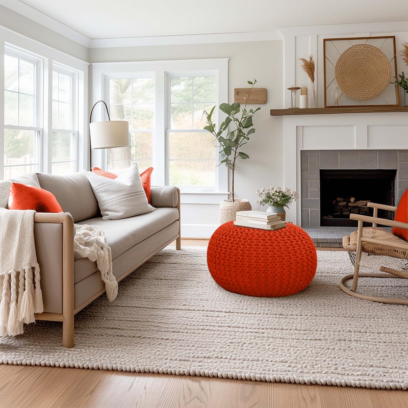 Cotton Craft Pouf دائري من قطن كرافت - حبل قطن محبوك يدويًا - عثماني - مسند قدم - Pouf أرضي - مقعد مميز - أثاث كيس فول - غرفة المعيشة - غرفة الأطفال - حضانة - ديكور سكني - 20x14 - برتقالي - Image 2